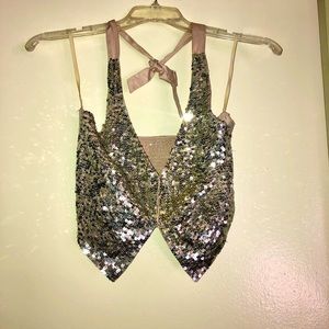 Cute Small Sequined Woven Halter Taupe/Silver Top